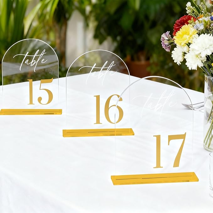 Arch Wedding Table Numbers 1-20 with Stands,5 x 8 Inch Transparent Acrylic Reception Table Signs Golden Letters,Perfect for Wedding Receptions, Parties, Anniversaries, and Events