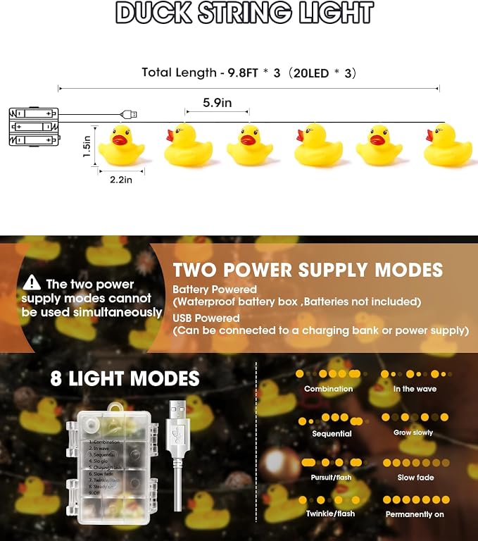 AceList 60 LED Rubber Ducks String Lights with USB & Waterproof Battery Box, Christmas Ducks, Unique Gifts for Jeep Ducks Lovers, Yellow Rubber Ducks for Party, Birthday, Christmas Decor
