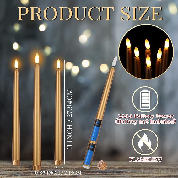 Macarrie 24 Packs Flameless Taper Candles Battery Operated Fake 11 Inch Long Candlelight LED Flameless Candlesticks Flickering Tapered for Summer Fall Wedding(Gold)