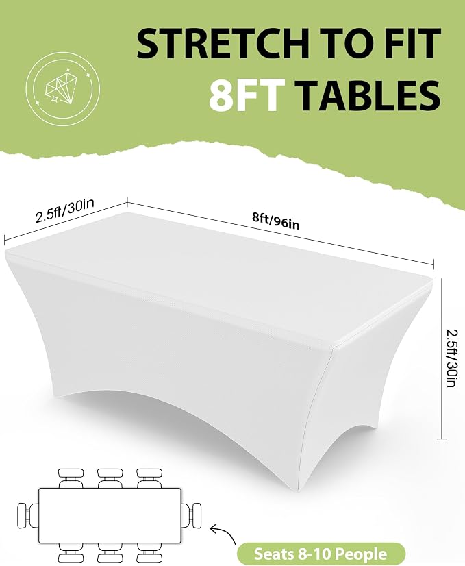 Pureegg Spandex Tablecloth 8ft - 6 Pack, Fitted and Stretch Table Cover for Rectangle Tables, Wrinkle-Resistant and Secure Fabric for Outdoor, Picnic, Party, Wedding, Banquet and Birthday, White
