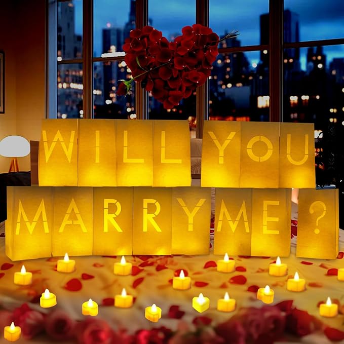 Will You Marry Me Light Up Letters Luminary Bags, Marry Me Sign Banner, Romantic Proposal Decoration Kit with 30PC Bright LED Candles and 2000PC Fake Rose Petals