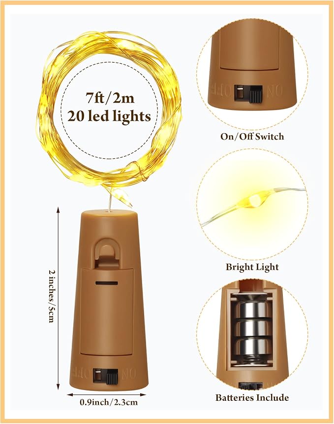 Hortsun 60 Pack Wine Bottle LED Lights with Cork Fairy Mini String Lights Battery Operated Mini Waterproof 7 ft Silver Wire 20 LED Cork Shape for Valentines, DIY, Party, Decor, Wedding (Warm White)