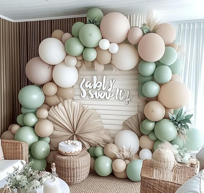 Sage Green White Balloon Garland Double Stuffed Dusty Green Cream Sand White Beige Latex Neutral Balloons Arch Kit for Boho Baptism Baby Shower Birthday Wedding Decoration