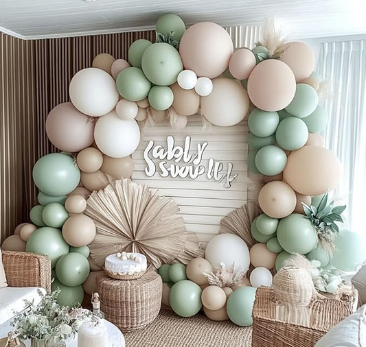 Sage Green White Balloon Garland Double Stuffed Dusty Green Cream Sand White Beige Latex Neutral Balloons Arch Kit for Boho Baptism Baby Shower Birthday Wedding Decoration