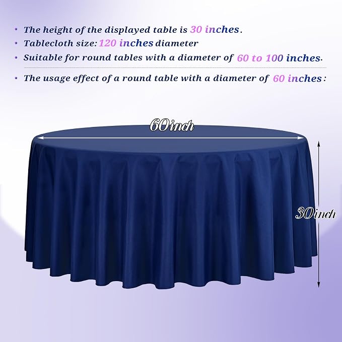 Teruntrue 12 Packs Navy Blue Round Tablecloths 120 inch Round Table Cloth, Washable Polyester Fabric for Wedding Parties Banquet Holiday Dinner Table Decorative, Navy Blue