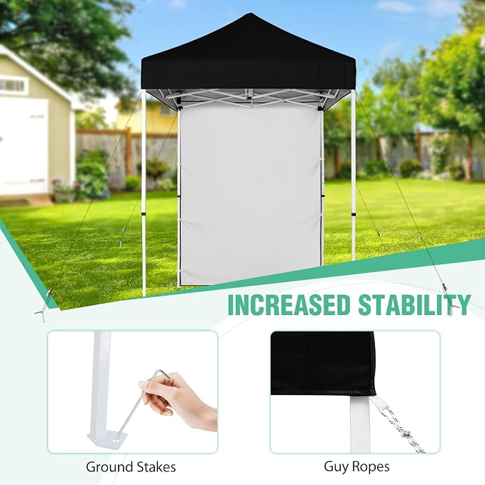 5x5 Pop Up Canopy Tent with One Sidewall, Instant Portable Beach Canopy, Outdoor Tent with Carry Bag for Camping, Sports, Tailgating, Events, Black