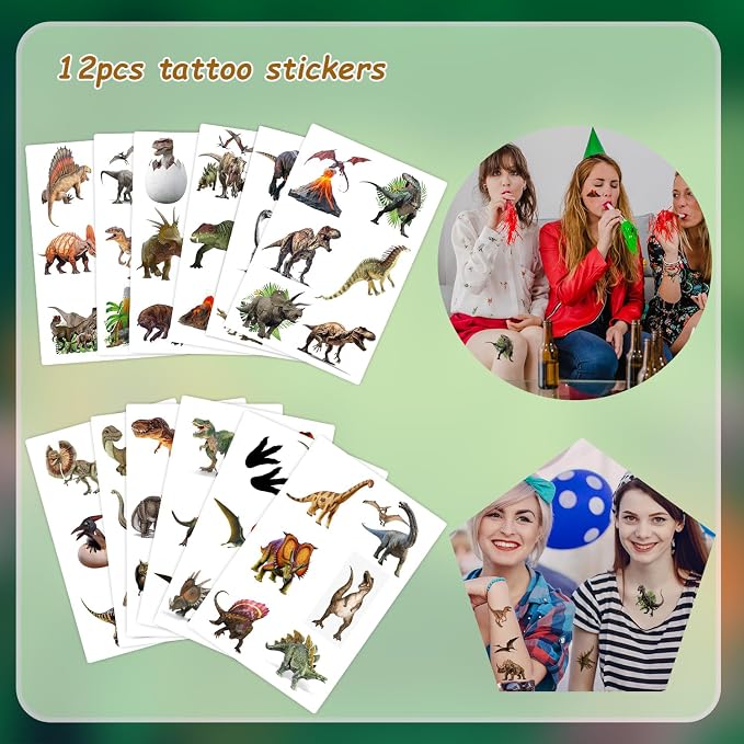 182 PCS Realistic Dinosaur Party Favors, Forest Dinosaur Dino Birthday Decorations with Prehistoric Dinosaur Notebook, Slap Bracelets, Stickers, Dinosaur Paper Headbands, Badge, Keychains and Tattoos