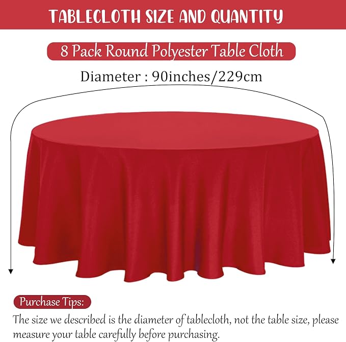Fivenl 8 Pack Premium Round Tablecloth 90 Inch Red Round Table Covers Bulk Washable Polyester Fabric Round Table Clothes for Wedding Party Reception Banquet Buffet Restaurant (Red, 90 Inch)