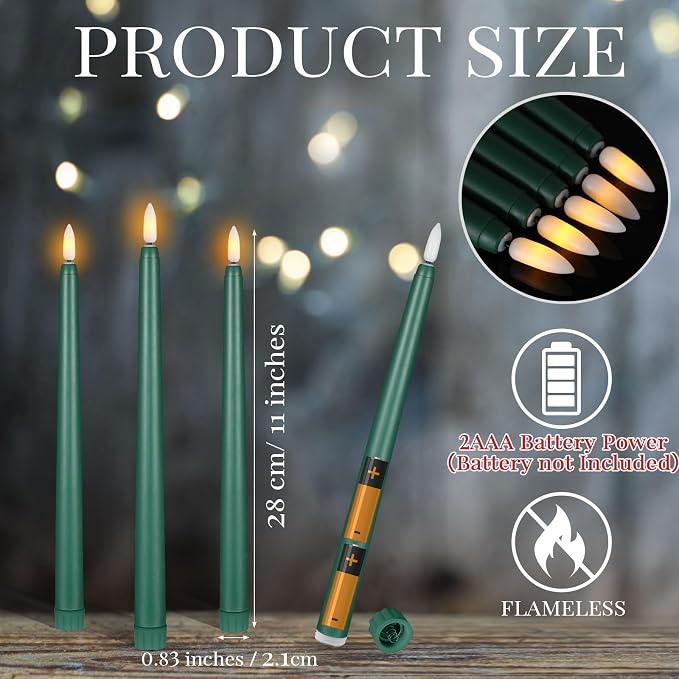Macarrie 24 Packs Flameless Taper Candles Battery Operated Fake 11 Inch Long Candlelight LED Flameless Candlesticks Flickering Tapered for Summer Fall Wedding(Green)