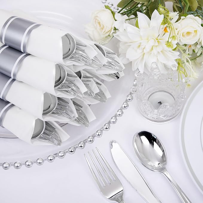 Supernal Pre Rolled Silver Plastic Silverware Set of 30 Wrapped Cutlery,Heavy Duty Disposable Wrapped Cutlery Set for Business Banquets, Weddings, Mother's Day,Graduations & 2026 Events