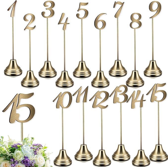 Maitys 15 Pcs Metal Table Numbers 1-15 with Weighted Base 8 Inch Table Number Stands for Wedding Reception, Party, Anniversary, Birthday Banquet(Bronze)