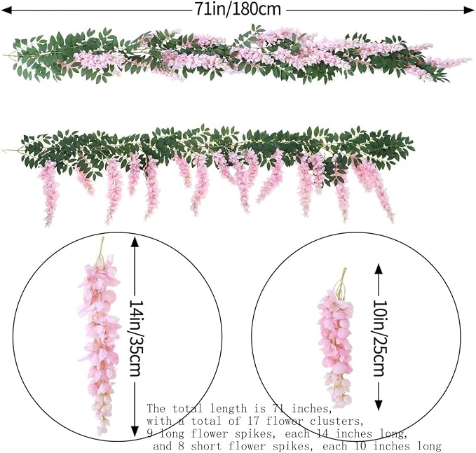 1pc/2pcs Encrypted Flower Vine Wisteria Artificial Flowers Garland,White Wisteria Hanging Flowers Flower Garland Decorations for Home Garden Outdoor Ceremony Wedding Arch Decoration (Pink, 1pc)