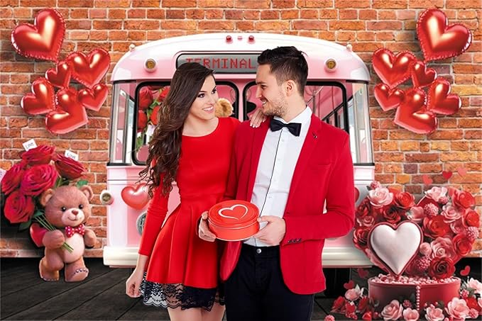 10x8ft Vinyl Vintage Valentines Backdrop Pink Bus Bear Brick Wall Photography Background Love Heart Balloon Party Decorations for Wedding Bridal Valentine's Day