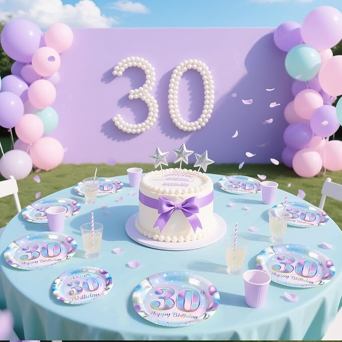Grencian 96Pcs 30th Birthday Decorations Iridescent 30th Birthday Party Plates Disposable 350GSM Sweet 30 Years Paper Tableware Set for Women 30 Years Old Party Supplies Serves 24