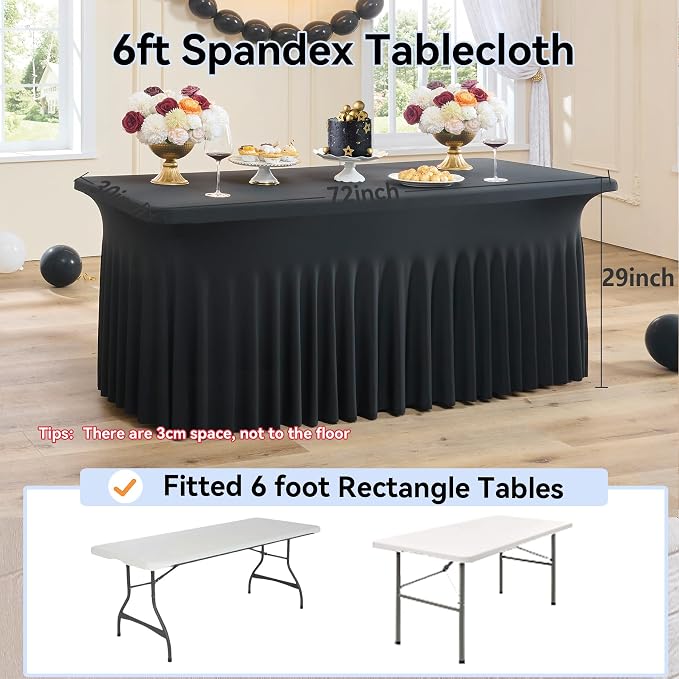 4 pk Black Spandex Tablecloth 6ft with Ruffled Skirt,Wrinkle Free High Stretch Fitted Tablecloths for 6 Foot Rectangle Tables,Pleated Elastic Spandex Table Covers 6ft for Parties Wedding Banquet
