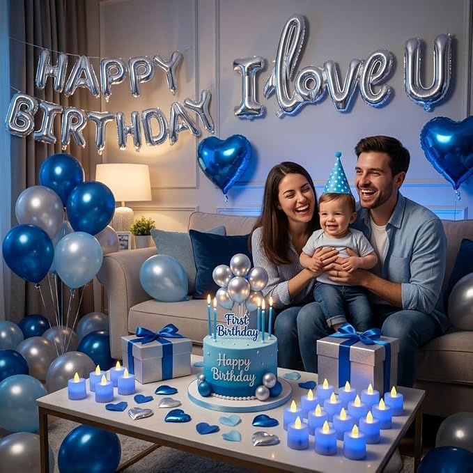 Blue Silver Birthday Decorations with LED Candles, Happy Birthday Balloons, Love Balloon, Rose Petals, Hotel Birthday Room Decorations for Men Women, Anniversary Surprise Decorations for Him Her