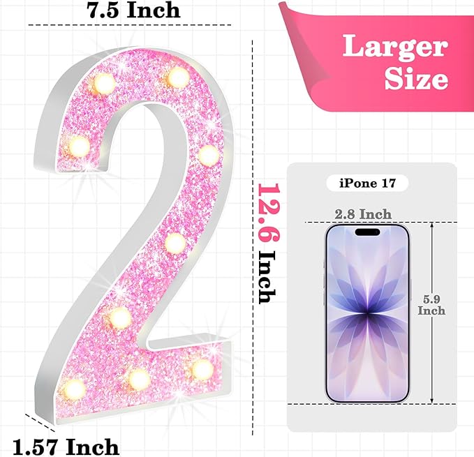 12.6 Inch LED Pink Marquee Light Up Numbers, Sweet 2nd Birthday Decorations Number Lights as Gifts for Girls Women, Glitter Lighted Marquee Numbers for Pink Anniversary Party Table Decor, 2