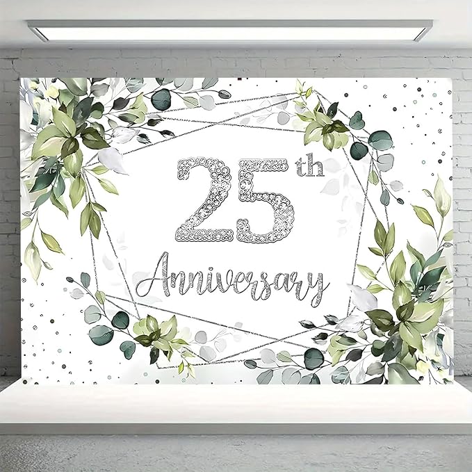 Silver 25th Wedding Anniversary Decorations Backdrop Eucalyptus Leaves Sparkling Diamond 25th Birthday Background Couple Wedding Engagement Banner (A, 7X5FT)
