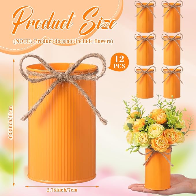 Rustic Vase for Table Centerpieces 4.33 Inch Small Petite Flower Vase with Twine Bow Vintage Farmhouse Decor for Wedding Reception Dining, Home Galvanized Metal Buckets(Orange,12 Pcs)
