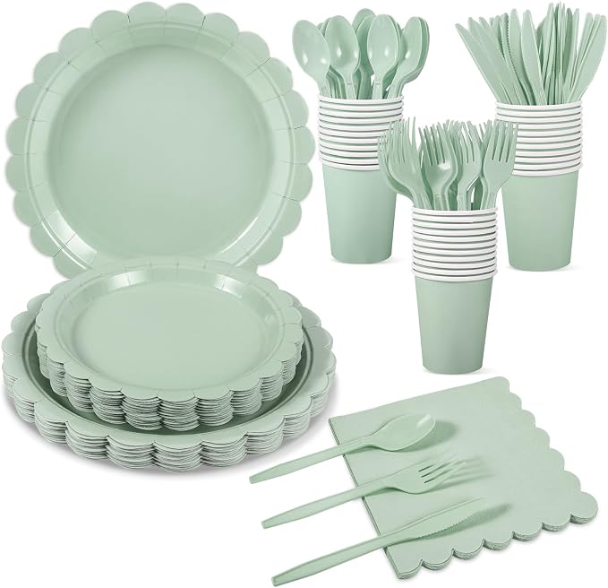 175 Pcs Party Plates and Cups and Napkins Sets, 9" Paper Plates, 7" Dessert Plate, 9oz Cups & Cutlery, 25 Guest Scalloped Sage Green Party Supplies for Wedding, Bridal Baby Shower, Birthday | 175 Pcs Sage Green Party Decor Include 9" Paper Plates, 7" D...