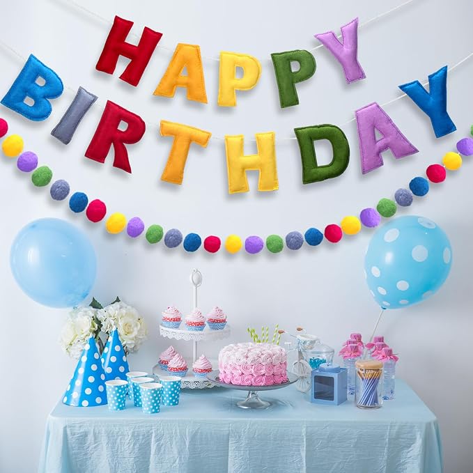 Mindsoft 2 Pcs 9.83ft Pre Strung 3D Happy Birthday Felt Fabric Banner with Ball Garland Reusable Pom Pom Garland for Birthday Party Decorations Sign Photo Prop Boys Girls(Retro Rainbow Color)