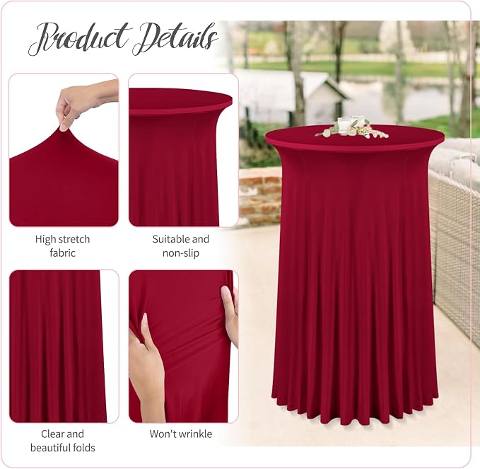 fani 6 Packs 32"x 43" Round Cocktail Table Skirt, Spandex Fitted High Top Table Skirt, Spandex Stretch Cocktail Tablecloth for Wedding Party Bar Banquet Birthday Tables(Burgundy)