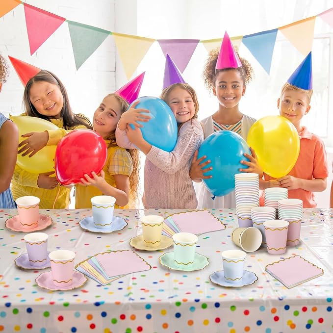 Yungyan 216 Pcs 72 Guest Pastel Paper Plates and Napkins Sets Pastel Party Supplies Gold Foil Scalloped 6" Plates 9 oz Cups Disposable Tableware Set for Birthday Wedding Baby Shower Supplies