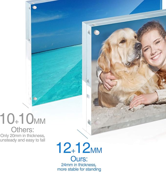 TWING 4x4 Acrylic Picture Frames 2 Pack, 20MM Thick Double Sided Magnetic Clear Photo Frame, HD Frameless Magnetic Photo Frame Display for Desktop Gift Ideal, Cleaning Cloth Included