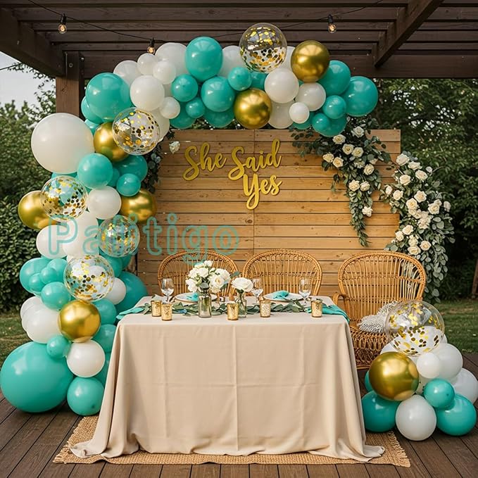 Teal Balloon Garland Kit with Gold Butterflies – Turquoise, Blue and Green, White & Gold Balloons in 18", 12", 5" Sizes – for Graduation, Baby Shower, Wedding, Birthday, Party Decor