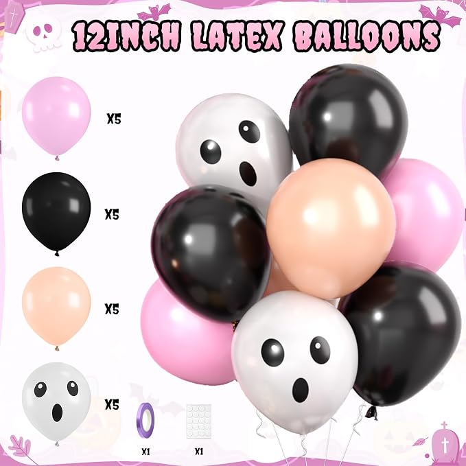 Pink Halloween Party Decorations Set,Include HAPPY HALLOWEEN Banner,Foil Balloons,Cute Hanging Swirl,Fringe Curtain,Paper Pompoms Indoor Outdoor Halloween Party Supplies