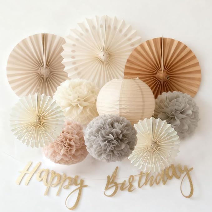 EASY JOY Champagne Beige Paper Flowers Tissue Pom Poms Boho Birthday Decorations Paper Lanterns Party Decorations Happy Birthday Banner White Paper Fans for Boho Fall Rustic Neutral Baby Shower