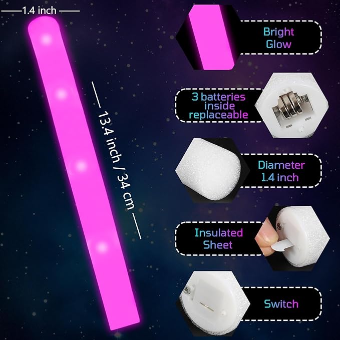 Foam Glow Sticks Bulk, 40 Pack Pink Light Up Foam Sticks 3 Modes Flashing, Glow Party Supplies for Valentine's Day, Mardi Gras, Wedding,Raves, Carnival, Concert, Bar