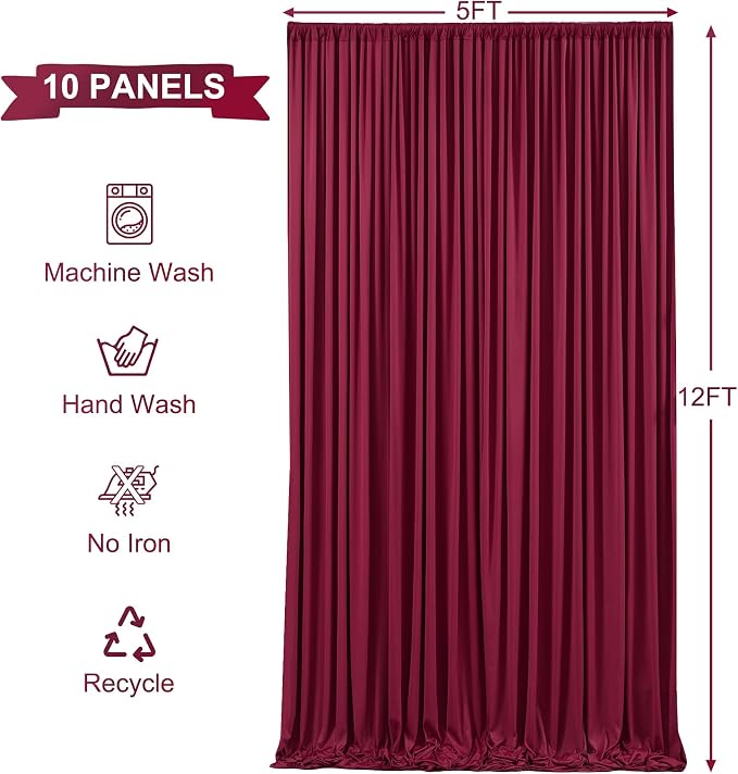 10 Panels Burgundy Backdrop Curtains for Wedding Party Wrinkle Free Backdrops Curtain Drapes Fabric Decorations Maroon Photo Back Drop for Baby Shower Photography Stage Reception 50ft(W) x 12ft(H)
