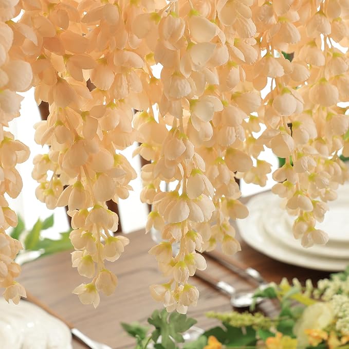 mizii 6Pcs Beige Wisteria Hanging Flowers 48" Silk Wisteria Artificial Flowers Garland Vines Fake Hanging Flowers Decoration for Wedding Flower Wall Backdrop Centerpieces Party Room Decor (Beige)