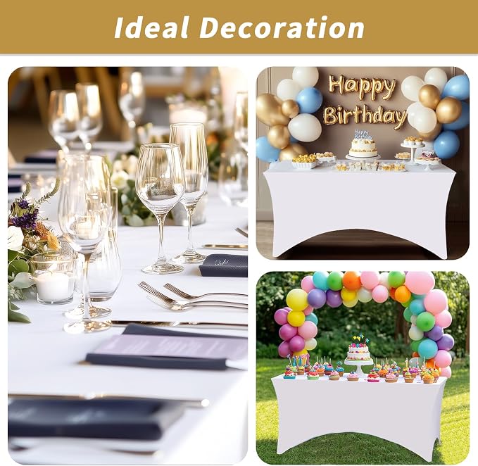 Fixwal 3 Pack White Table Cloths Rectangle 6FT, Tablecloths Rectangular Stretch Spandex Fitted Table Covers 6FT for Party, Trade Show, Banquet, Wedding, Buffet, Graduation Decoration
