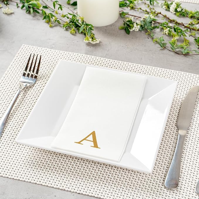 Luxenap 15.8 X 7.9 Inch Linen-Feel Guest Towels, 50 Lettered Hand Towels - Gold Letter 'A', Sans Serif Font, White Paper Dinner Napkins, airlaid, For Restrooms And Tables - Restaurantware