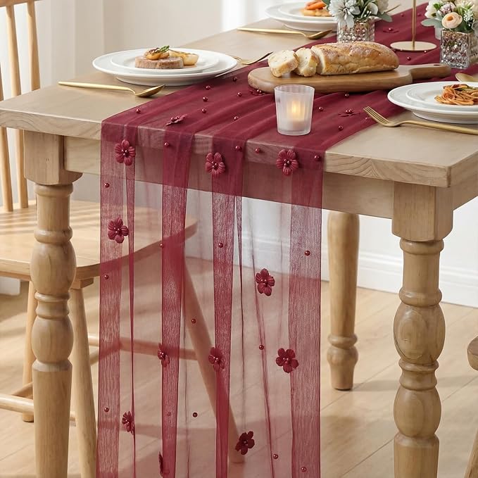 Artoid Mode Burgundy Flower Pearl Burgundy Gauze Table Runner 10FT, Seasonal Sheer Dining Holiday Wedding Birthday Baby Shower Table Decor for Home Party