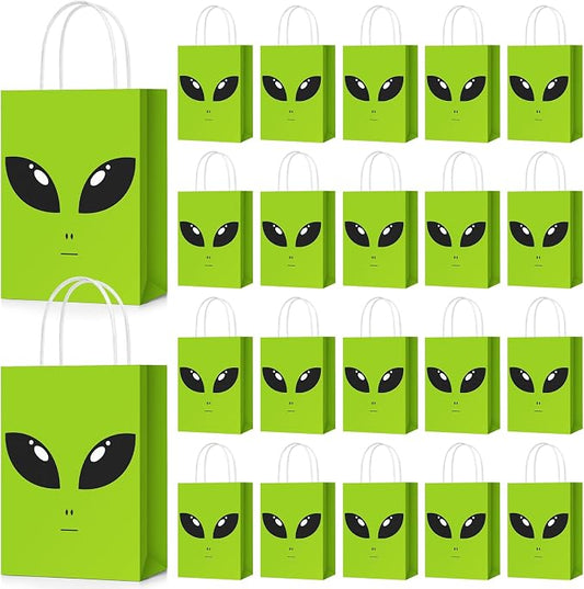 Tosstuki 24 Pcs Alien Gift Bags Alien Birthday Decoration Ufo Aliens Party Paper Bags with Handles for Kids Boys Girls Birthday Space Theme Celebrations Events Supplies
