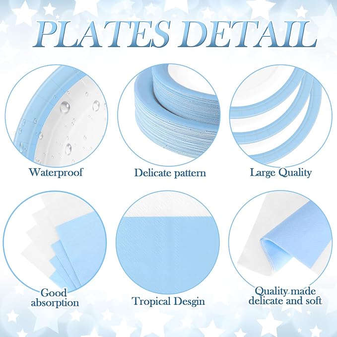 Funnymoom 452 Pcs Light Blue and White Party Supplies Serves 50 Guest, Baby Blue Paper Plates Cups Napkins Tablecloth Cutlery Straw Tableware Set for Baby Shower Birthday Wedding Party Decoration