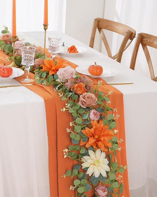 Waipfaru 6Ft Fall Garland Decor, 6Ft Eucalyptus Flower Garland for Table, Fall Floral Vines with Terracotta Flowers for Wedding Arch Backdrop Wall Thanksgiving Decorations (Terracotta)