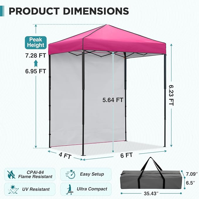 EAGLE PEAK 6x4 Instant Pop Up Canopy Tent with 1 Side Wall Panel, Straight Leg Sun Shelter, Portable Canopy with Carry Bag for Camping, Beach & Sports, Pink