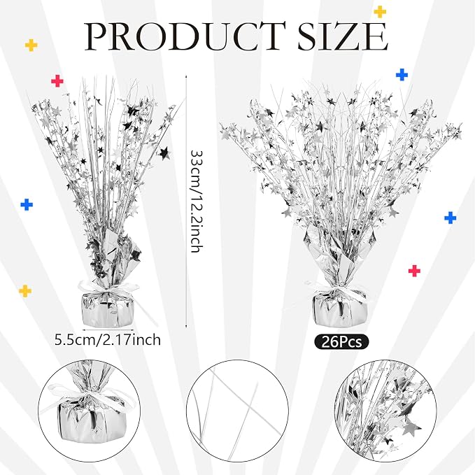 Crowye 26 Pcs Metallic Foil Spray Centerpiece Party Star Decoration Table Decor for Birthday Wedding Graduation Bachelorette Spring Party Holiday(Silver)