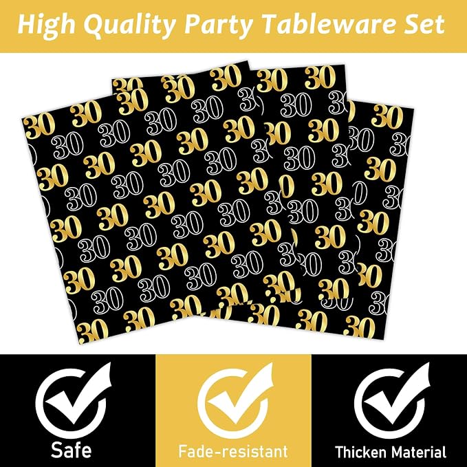 96PCS 30th Theme Birthday Party Tableware Vintage 1996 Party Supplies 30 Year Old Birthday Decorations Plates Napkins Forks Black and Gold Dinnerware Favors for Men or Women