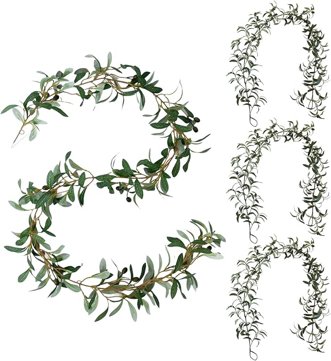 4 Pack Artificial Olive Garland 6.2 Long Faux Silk Leaf Olive Leaves Vines Greenery Garland with Fruit Spring Summer All Season for Wedding Arch Indoor Outdoor Wall Decoration