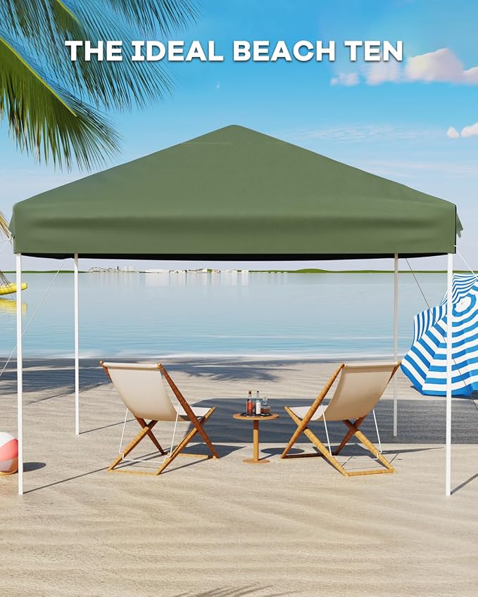 GarveeLife 10x10 Pop Up Canopy with One Sidewalls - Easy Up Camping Tent with One Button Push Setup - 1 Roller Bag, 3 Adjustable Height, 4 Weight Bags for Deck, Garden, Sports, Beach, Party (Green)