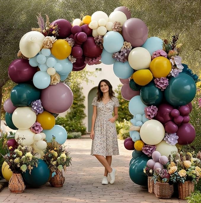 Blue Yellow Purple Balloon Arch, Double Stuffed Dusty Blue Purple Balloon Garland Kit with 6pcs Hydrangea Artificial Flowers for Baby Shower Birthday Boho Floral Wedding Party Decoration