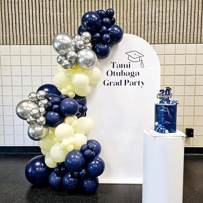 Navy Blue and Silver Balloon Arch Kit, Graduation Balloon Garland Kit with Metallic Silver Blue Latex Balloons Different Size for Class of 2026 Graduation Birthday Retirement Anniversary Wedding Decor