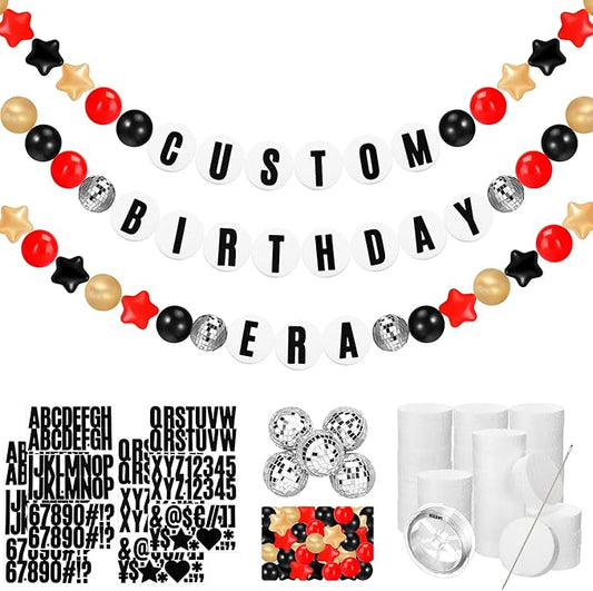 Simgoing Giant Friendship Bracelet Garland Kit DIY Banner with Letter Ball Jumbo in My Birthday Era Decorations for Classroom Graduation Party Supplies Photo Booth Backdrop(Black, Gold, Red)