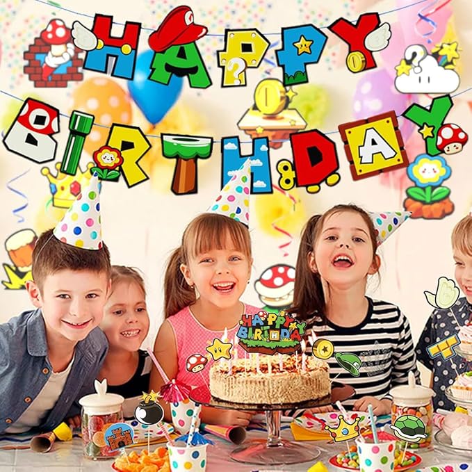 Game Bro Theme Birthday Party Decorations Set, Banner, Balloons, Hanging Swirls, Cake Toppers Colorful Graphics for Gaming Fans Game Theme Birthdays and Adventures