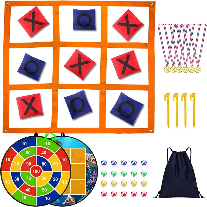 2-in-1 Outdoor Giant Tic Tac Toe Bean Bag Toss Games, Tic Tac Toe Ball Toss Game and Dart Board Games with Sticky Balls for Kids Adults Large Lawn Carnival Yard Birthday Family Outside Party Games